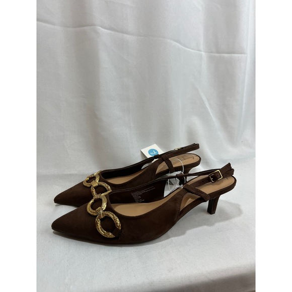 a new day Shoes - A New Day Brown Faux Suede Point Toe Kitten Heel Slingback Pumps Gold Chain 7.5